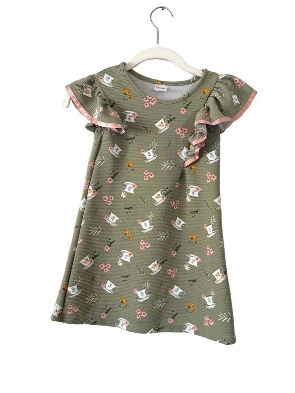 Fiorella Girls Green Tea Cup and Floral Print Flutter Sleeve Dress Size 6